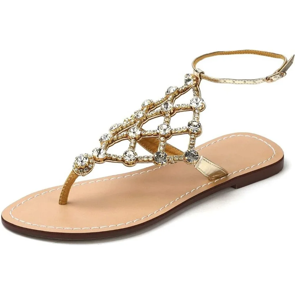 Women's Gold Rhinestone Upper Flat T Strap Thong Flip Flop Sandals Shoes - Picture 3 of 9